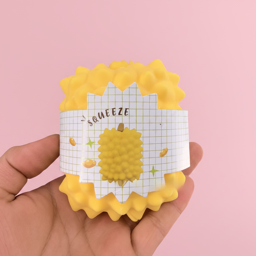 Durian-shaped fruit squishy on a pink background