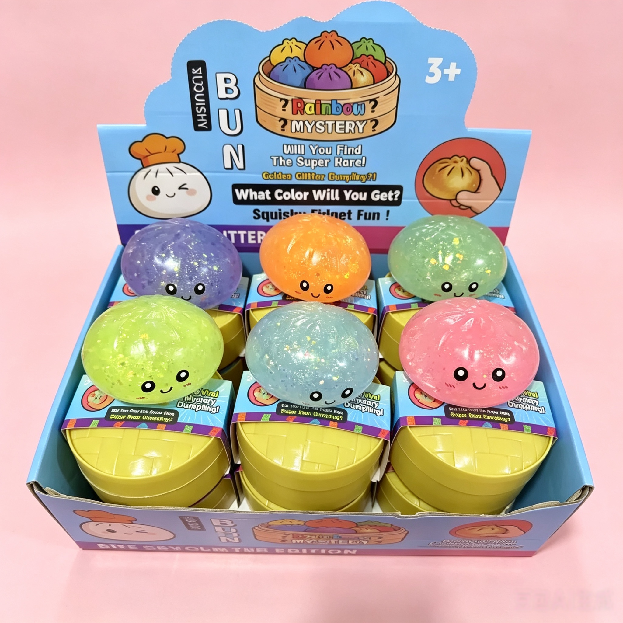 Glitter Dumpling Squishy in Bamboo Steamer – Slow Rising Sparkle Kawaii Toy