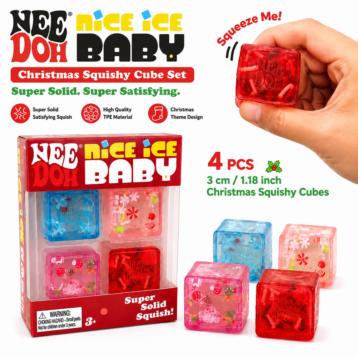 Christmas Mini Ice Cube Squishy  Festive 4-Pack