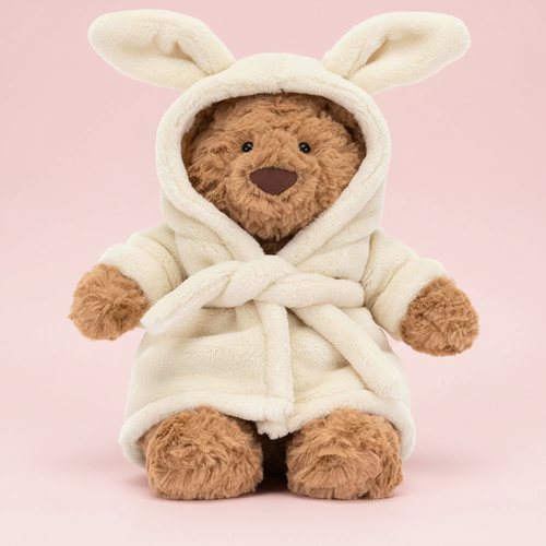 Bartholomew Bear Bathrobe pink background